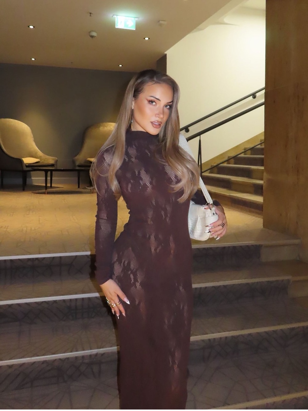 Fashion Nova Brown Sheer Lace Long-Sleeve Maxi Dress